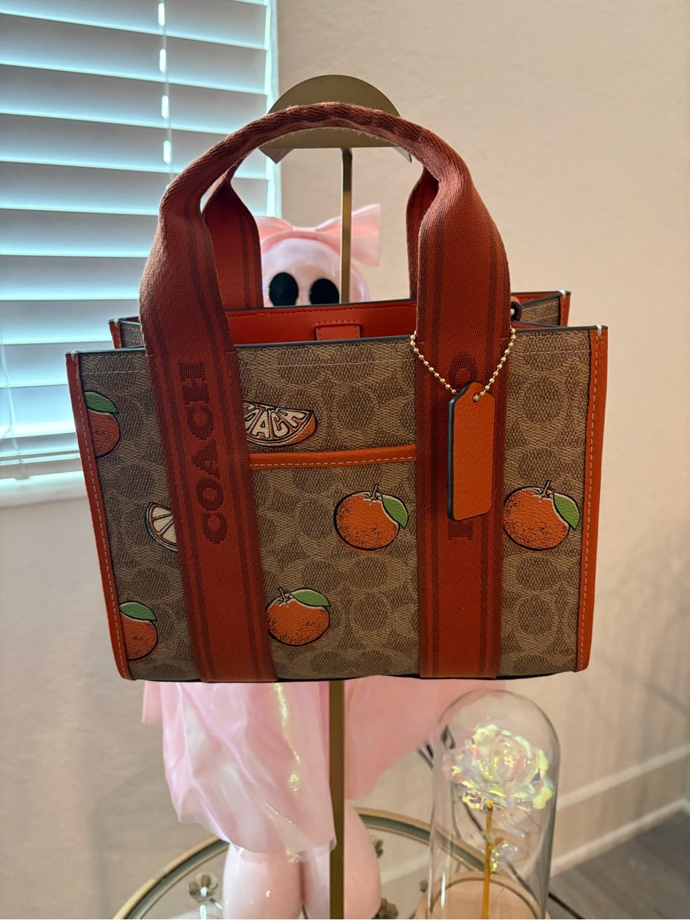 Coach Brown Canvas Tote with Orange Fruit Print and Orange Straps